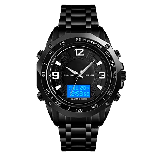 FeiWen Herren Fashion Digital Uhren LED Elektronik Analog Quarz Doppel Zeit Sportuhr Alarm Datum Outdoor Sportuhr Multifunktional Edelstahl Armbanduhr (Schwarz) von FeiWen
