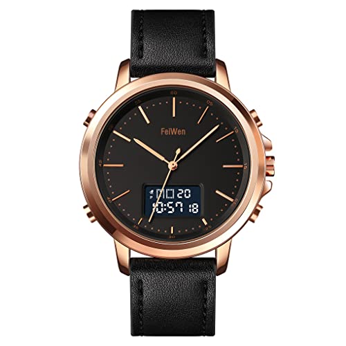 FeiWen Herren Fashion Edelstahl Digital Uhren LED Elektronik Analog Quarz Doppel Zeit Outdoor Sportuhr Digitaluhr Armbanduhr Alarm Stoppuhr und Leder Band (Rose Schwarz) von FeiWen