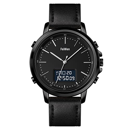 FeiWen Herren Fashion Edelstahl Digital Uhren LED Elektronik Analog Quarz Doppel Zeit Outdoor Sportuhr Digitaluhr Armbanduhr Alarm Stoppuhr und Leder Band (Schwarz) von FeiWen