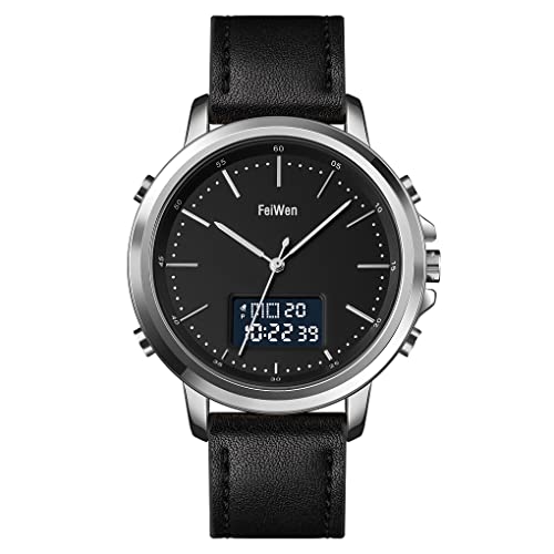 FeiWen Herren Fashion Edelstahl Digital Uhren LED Elektronik Analog Quarz Doppel Zeit Outdoor Sportuhr Digitaluhr Armbanduhr Alarm Stoppuhr und Leder Band (Silber schwarz) von FeiWen