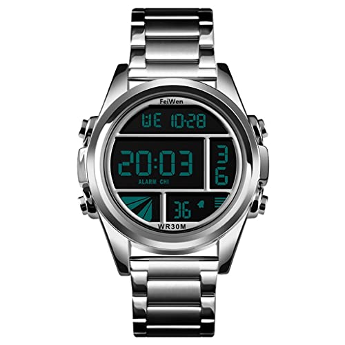 FeiWen Herren Fashion Edelstahl Uhren LED Elektronik Alarm Stoppuhr Outdoor Militär Sportuhr Multifunktional Digitaluhr Luxus Casual Armbanduhr (Silber) von FeiWen