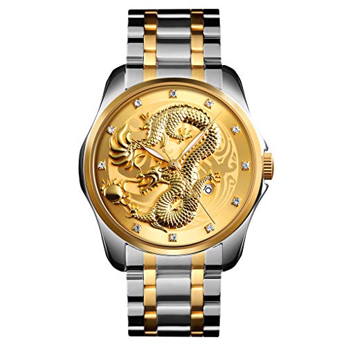 FeiWen Herren Fashion Luxus Analog Quarz Casual Uhren Edelstahl Datum Drache Muster Armbanduhr (Silber Gold) von FeiWen