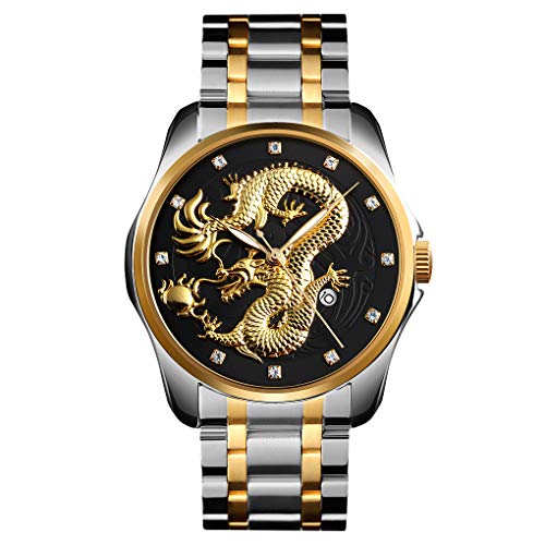 FeiWen Herren Fashion Luxus Analog Quarz Casual Uhren Edelstahl Datum Drache Muster Armbanduhr (Silber Schwarz) von FeiWen