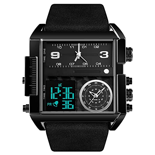 FeiWen Herren Fashion Luxus Edelstahl Uhren LED Elektronik Analog Quarz Doppel Zeit Outdoor Sportuhr Multifunktional Digital Armbanduhr Alarm Stoppuhr (Schwarz) von FeiWen