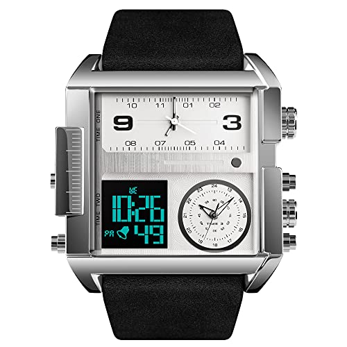 FeiWen Herren Fashion Luxus Edelstahl Uhren LED Elektronik Analog Quarz Doppel Zeit Outdoor Sportuhr Multifunktional Digital Armbanduhr Alarm Stoppuhr (Silber) von FeiWen