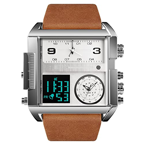 FeiWen Herren Fashion Luxus Edelstahl Uhren LED Elektronik Analog Quarz Doppel Zeit Outdoor Sportuhr Multifunktional Digital Armbanduhr Alarm Stoppuhr (Silber 2) von FeiWen