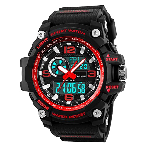 FeiWen Herren Groß Digitale Sport Uhren Plastik Wählscheiben mit Kautschuk Band 50M Wasserdicht Outdoor Militär LED Analog Quarz DREI Zeit Multifunktional Jugend Armbanduhren, Rot von FeiWen