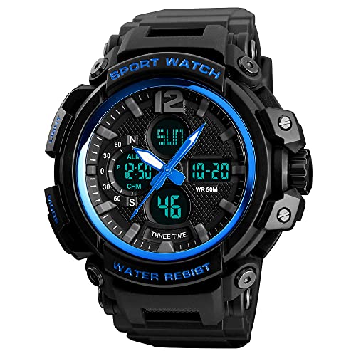 FeiWen Herren Groß Digitale Uhren Analog Quarz LED DREI Zeit Outdoor Militär Sprot Uhren 50M Wasserdicht Multifunktional Armbanduhren mit Kautschuk Band Alarm Stoppuhr von FeiWen