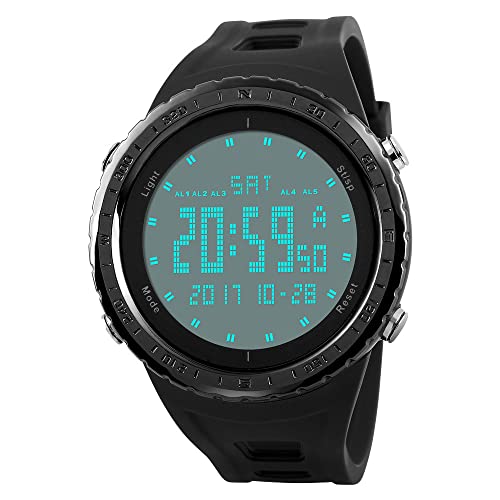 FeiWen Herren Groß Gesicht Digital Uhren 50M Wasserdicht Outdoor Multifunktional LED Sport Militär Plastik Armbanduhren mit Kautschuk Band Doppelte Zeit, Schwarz von FeiWen