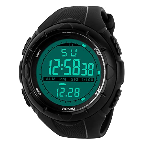 FeiWen Herren Groß Nummer Sport Plastik Uhren mit Kautschuk Band Outdoor Militär Digital 50M Wasserdicht LED Licht Alarm Multifunktional Einfach Armbanduhren, Schwarz von FeiWen