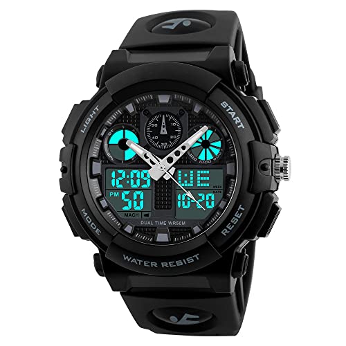 FeiWen Herren Groß Plastik Sport Uhren LED Digitale Analog Quarz Doppel Zeit Outdoor Militär 50M Wasserdicht Multifunktional Armbanduhren mit Kautschuk Band, Schwarz von FeiWen