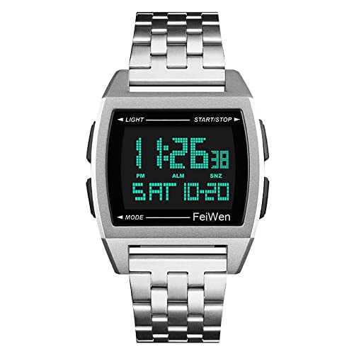 FeiWen Herren Multifunktional Digitale Uhren Plastik Wählscheiben mit Edelstahl Band LED Doppelte Zeit Sport Armbanduhren (Silber) von FeiWen