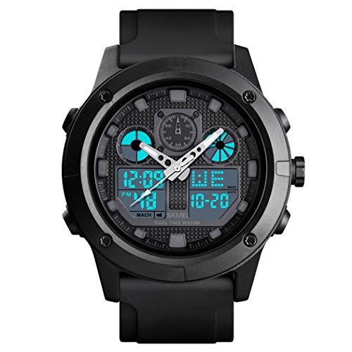 FeiWen Herren Multifunktional Wasserdicht Uhren Analog Quarz Doppel Zeit LED Digital Elektronik 50M Wasserdicht Outdoor Militär Sport Armbanduhren (Schwarz) von FeiWen
