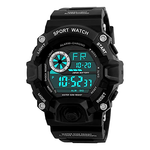 FeiWen Herren Outdoor Digital Sport Uhren Schwarz Plastik Schale mit Kautschuk Band Multifunktional Militär 50M Wasserdicht LED Licht Kalender Alarm Armbanduhren von FeiWen