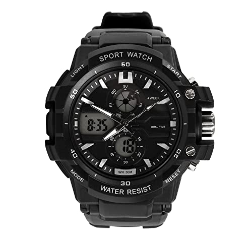 FeiWen Herren Outdoor Multifunktional Analog Quarz LED Digitales Sport Militär Plastik Uhren mit Kautschuk Band Uhren Doppelte Zeit Stoppuhr Alarm Kalender, Schwarz von FeiWen