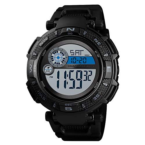FeiWen Herren Outdoor Sport Digital 50M Wasserdicht LED Elektronik Doppelte Zeit Alarm Stoppuhr Datum Militär Taktik Uhren Plastik Lünetten mit Kautschuk Band (Schwarz) von FeiWen