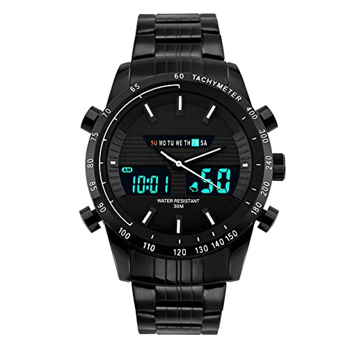 FeiWen Herren Outdoor Sport Uhren Analog Quarz LED Elektronik Doppel Zeit Stoppuhr Alarm Kalender Multifunktional Digitaluhr Fashion Edelstahl Armbanduhr (Schwarz) von FeiWen