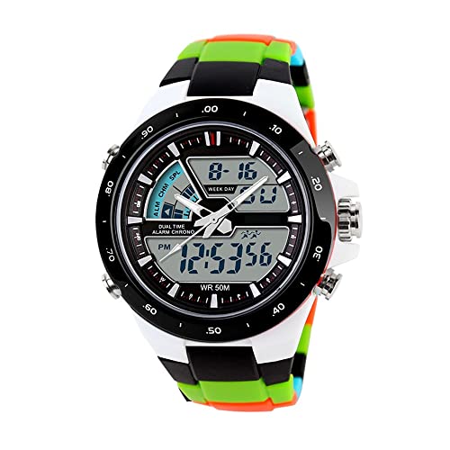 FeiWen Herren Sport Digital Uhren Edelstahl Fall Plastik Band 50M Wasserdicht LED Back Licht Analog Quarz Doppelte Zeit Multifunktional Outdoor Militär Armbanduhren von FeiWen
