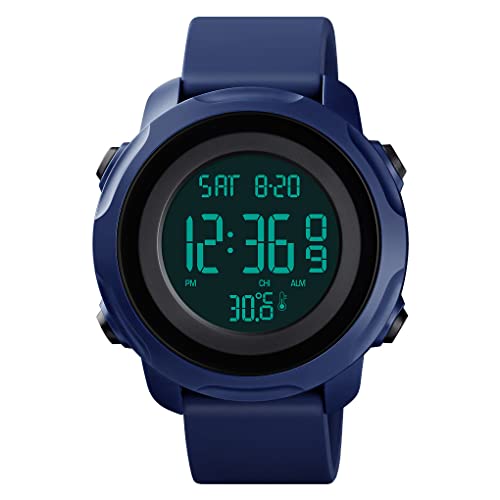 FeiWen Herren Sport Digital Uhren Elektronik Thermometer Stoppuhr Doppelte Zeit Alarm Outdoor Multifunktional Wasserdicht Plastik Armbanduhren mit Kautschuk Band (Blau Schwarz) von FeiWen