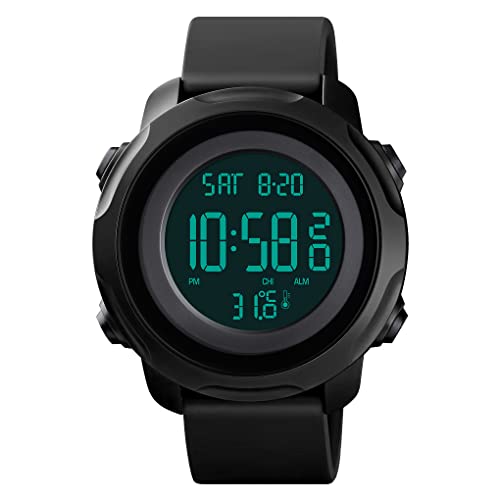 FeiWen Herren Sport Digital Uhren Elektronik Thermometer Stoppuhr Doppelte Zeit Alarm Outdoor Multifunktional Wasserdicht Plastik Armbanduhren mit Kautschuk Band (Schwarz) von FeiWen