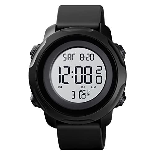 FeiWen Herren Sport Digital Uhren Elektronik Thermometer Stoppuhr Doppelte Zeit Alarm Outdoor Multifunktional Wasserdicht Plastik Armbanduhren mit Kautschuk Band (Schwarz und weiß) von FeiWen