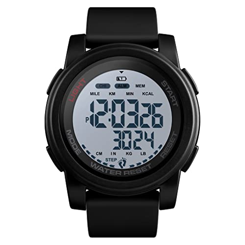 FeiWen Herren Sport Schrittzähler Uhren LED Elektronik Kalorie Doppelte Zeit 50M Wasserdicht Multifunktional Digitaluhr Outdoor Militär Plastik Armbanduhr mit Kautschuk Band (Schwarz) von FeiWen