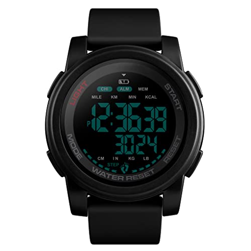 FeiWen Herren Sport Schrittzähler Uhren LED Elektronik Kalorie Doppelte Zeit 50M Wasserdicht Multifunktional Digitaluhr Outdoor Militär Plastik Armbanduhr mit Kautschuk Band (Schwarz 2) von FeiWen