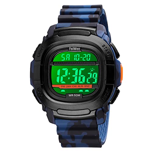 FeiWen Herren Sport Uhren Digitale Multifunktional Outdoor Militär Plastik Armbanduhr mit Kautschuk Band Elektronik Stoppuhr Doppel Zeit (Blaue Tarnung) von FeiWen