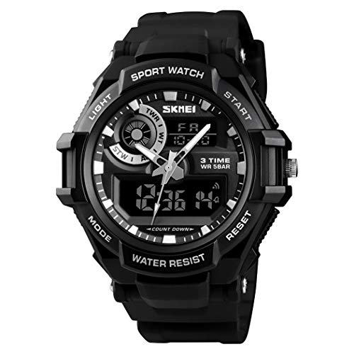 FeiWen Herren Sportuhr 50M Wasserdicht LED DREI Zeit Analog Quarz Digitaluhr Alarm Stoppuhr Elektronik Uhren Plastik und Kautschuk Armbanduhren (Schwarz) von FeiWen
