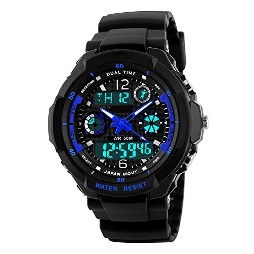 FeiWen Herren Wasserdicht Multifunktional Plastik Uhren mit Kautschuk Band Outdoor Militär Sport Digitale Analog Quarz LED Armbanduhren Doppelte Zeit Stoppuhr Kalender Alarm von FeiWen