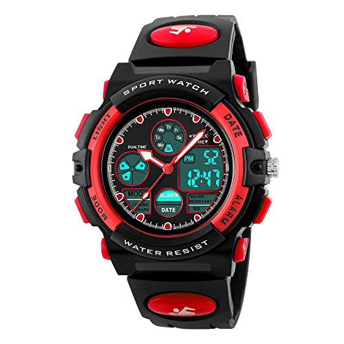 FeiWen Herren und Damen Einfach Multifunktional Digital Uhren 50M Wasserdicht Sportuhr LED Analog Quarz Doppel Zeit Plastik Armbanduhren mit Kautschuk Band Stoppuhr Alarm Kalender, Rot von FeiWen