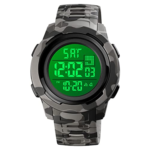 FeiWen Herren und Damen Multifunktional Uhren Wasserdicht Plastik Wählscheiben mit Kautschuk Band Outdoor Militär Fashion Sport Digital Armbanduhren (Graue Tarnung) von FeiWen