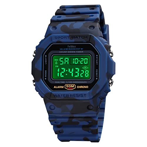 FeiWen Herren und Damen Sport Uhren Wasserdicht Plastik Wählscheiben mit Kautschuk Band Outdoor Militär Digital Multifunktional Elektronik LED Armbanduhren (Blaue Tarnung) von FeiWen