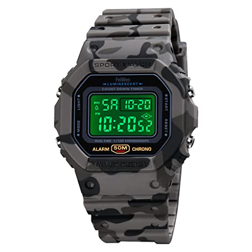 FeiWen Herren und Damen Sport Uhren Wasserdicht Plastik Wählscheiben mit Kautschuk Band Outdoor Militär Digital Multifunktional Elektronik LED Armbanduhren (Graue Tarnung) von FeiWen