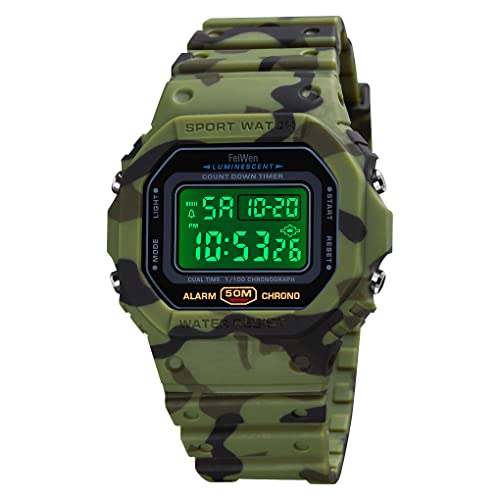 FeiWen Herren und Damen Sport Uhren Wasserdicht Plastik Wählscheiben mit Kautschuk Band Outdoor Militär Digital Multifunktional Elektronik LED Armbanduhren (Grüne Tarnung) von FeiWen