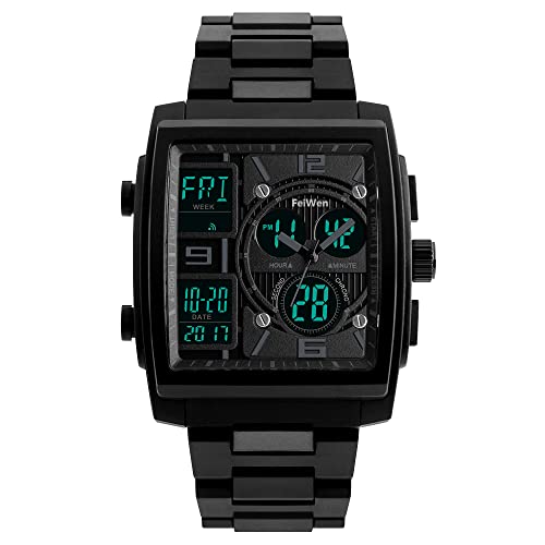 FeiWen Herren und Jugend Sport Digitale Uhren Platz Plastik Wählscheiben mit Band 50M Wasserdicht Outdoor Multifunktional Analog Quarz DREI Zeit LED Armbanduhren Kalender Alarm, Schwarz von FeiWen