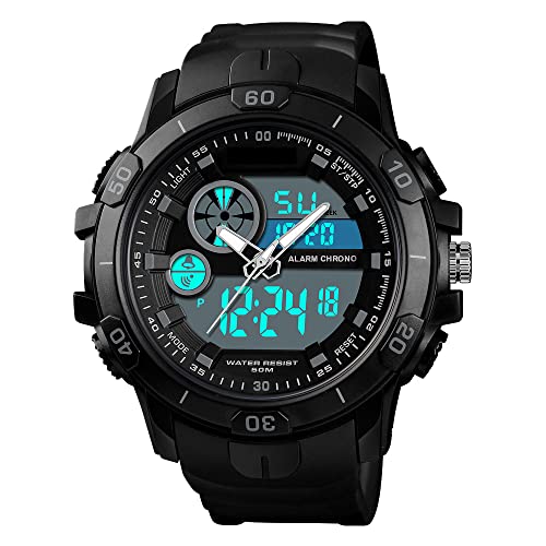FeiWen Herrenuhr 50M Wasserdicht LED Elektronik Analog Quarz Doppelte Zeit Digitaluhr Outdoor Militär Sportuhr Alarm Stoppuhr Datum Uhren Plastik Lünetten mit Kautschuk Band Armbanduhr (Schwarz) von FeiWen