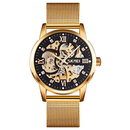FeiWen Herrenuhr Analog Quarz Fashion Uhren Maschinen Automatikwerk Edelstahl Armbanduhr (Gold Schwarz) von FeiWen