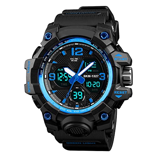 FeiWen Herrenuhr Analog Quarz LED Doppelte Zeit Outdoor Militär Sprot Uhren Multifunktional Elektronik Digitaluhr Alarm Stoppuhr Armbanduhr Plastik mit Kautschuk 50M Wasserdicht (Blau) von FeiWen