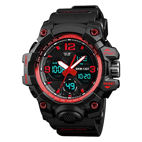 FeiWen Herrenuhr Analog Quarz LED Doppelte Zeit Outdoor Militär Sprot Uhren Multifunktional Elektronik Digitaluhr Alarm Stoppuhr Armbanduhr Plastik mit Kautschuk 50M Wasserdicht (Rot) von FeiWen