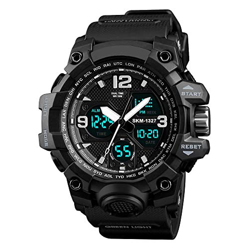 FeiWen Herrenuhr Analog Quarz LED Doppelte Zeit Outdoor Militär Sprot Uhren Multifunktional Elektronik Digitaluhr Alarm Stoppuhr Armbanduhr Plastik mit Kautschuk 50M Wasserdicht (Schwarz) von FeiWen