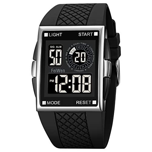 FeiWen Herrenuhr Damenuhr LED Digital Sport Uhren Stoppuhr Alarm Doppelte Zeit Outdoor Militär Armbanduhren (Silber schwarz) von FeiWen