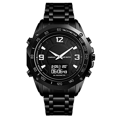 FeiWen Herrenuhr Digital Kompass Uhren LED Elektronik Analog Quarz Doppelte Zeit Schrittzähler Kalorie Countdown Stoppuhr Outdoor Sportuhr Militär Armbanduhr (Schwarz) von FeiWen