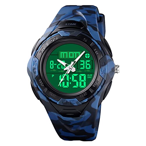 FeiWen Herrenuhr Digitaluhr Analog Quarz LED DREI Zeit Outdoor Militär Sprot Uhren Wasserdicht Multifunktional Alarm Stoppuhr Countdown Armbanduhren mit Kautschuk Band (Blau) von FeiWen