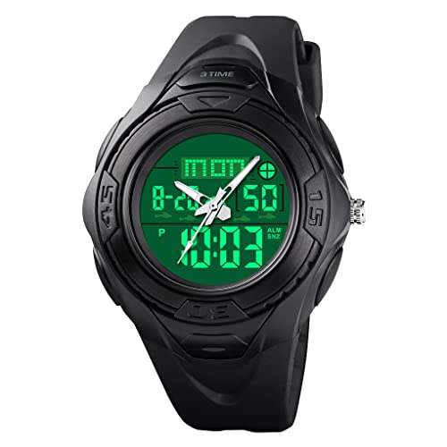 FeiWen Herrenuhr Digitaluhr Analog Quarz LED DREI Zeit Outdoor Militär Sprot Uhren Wasserdicht Multifunktional Alarm Stoppuhr Countdown Armbanduhren mit Kautschuk Band (Schwarz) von FeiWen