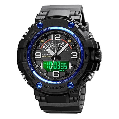 FeiWen Herrenuhr Digitaluhr Sportuhr Outdoor Militär Sprot Uhren Wasserdicht Multifunktional Analog Quarz LED DREI Zeit Alarm Stoppuhr Countdown Armbanduhren mit Kautschuk Band (Blau) von FeiWen