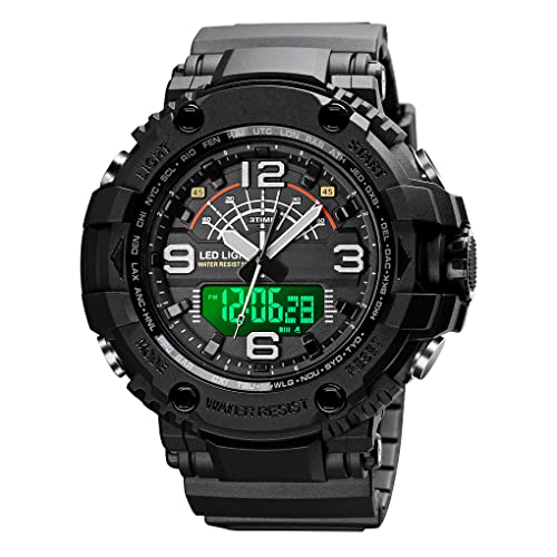 FeiWen Herrenuhr Digitaluhr Sportuhr Outdoor Militär Sprot Uhren Wasserdicht Multifunktional Analog Quarz LED DREI Zeit Alarm Stoppuhr Countdown Armbanduhren mit Kautschuk Band (Schwarz) von FeiWen