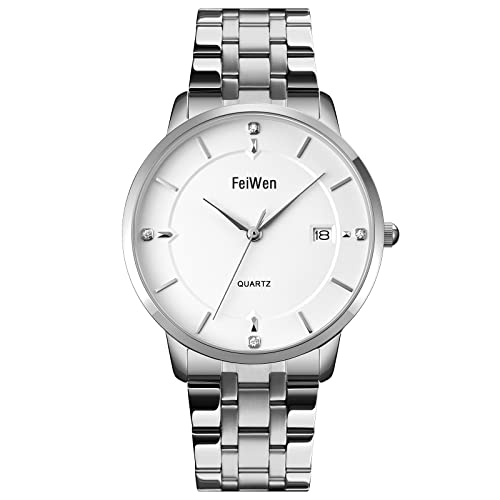 FeiWen Herrenuhr Edelstahl Uhren Casual Fashion Analog Quarz Datum Business Stil Armbanduhren mit Leder Band (Stahl Silber) von FeiWen