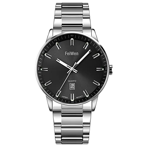 FeiWen Herrenuhr Edelstahl Uhren Casual Fashion Analog Quarz Kalender Business Stil Armbanduhren (Silber) von FeiWen