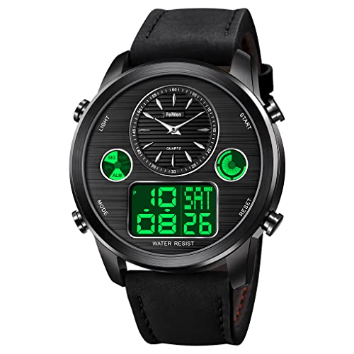 FeiWen Herrenuhr Edelstahl Uhren mit Leder Band LED Elektronik Alarm Stoppuhr Analog Quarz Doppel Zeit Sportuhr Multifunktional Digital Armbanduhr (Schwarz) von FeiWen